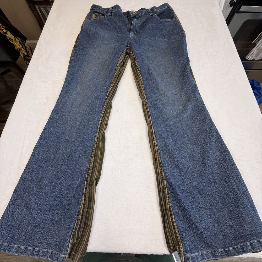 Vezugo Jeans Women's 14 Blue‎ Denim Brown Stripe Wide Leg Y2K Boho 96% Cotton